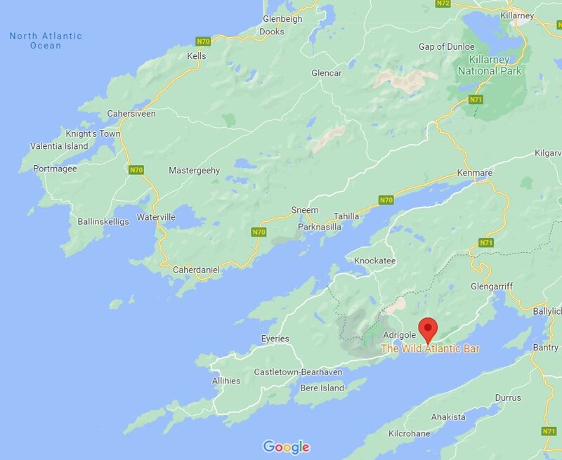 Zoomed in map of the Beara Peninsula with Trafask highlighted