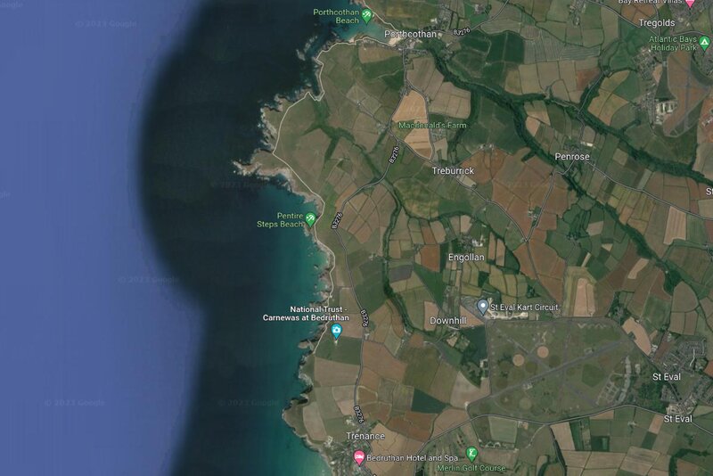 A satellite map image of the area between Porthcothan and Mawgan Porth