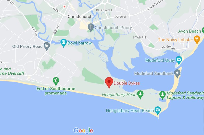 Southborne Beach map with Double Dykes highlighted