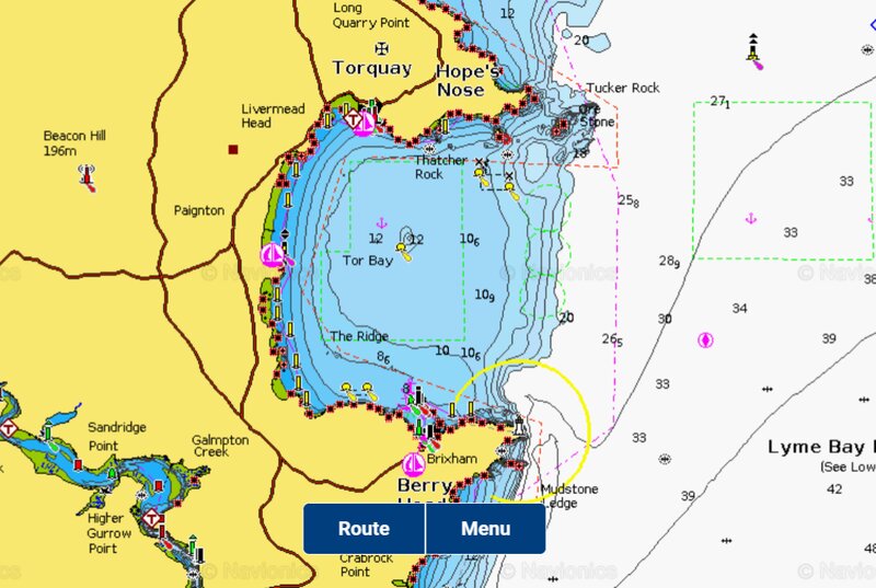 Navionics map of Tor Bay and the two headlands showing water depth