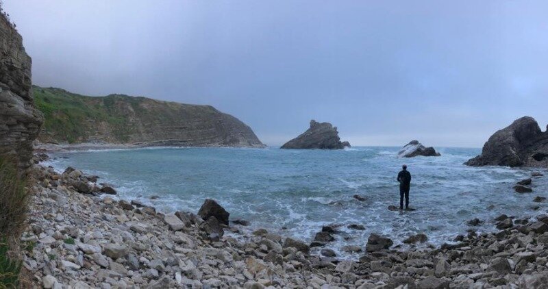 A beautiful, rocky sea fishing spot in Dorset in moody conditions
