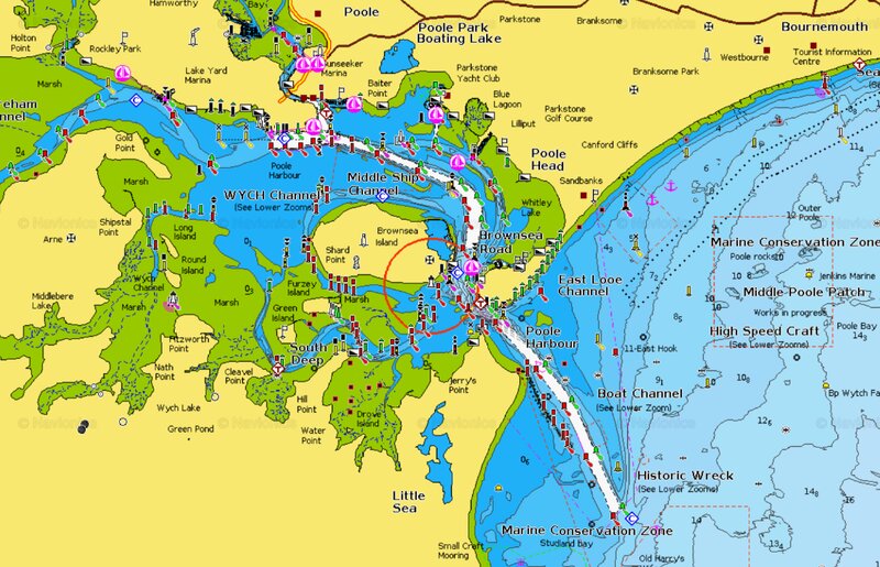  map of Poole Harbour highlighting the sea depth, marine conservation zone and the ferry routes