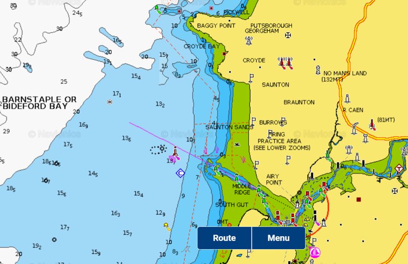 Navionics map of Saunton Sands showing water depth