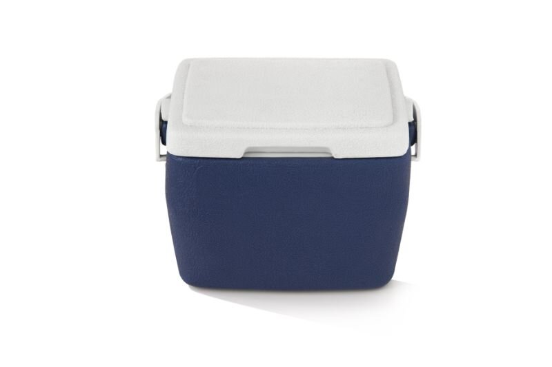 A blue and white hard-shelled cooler