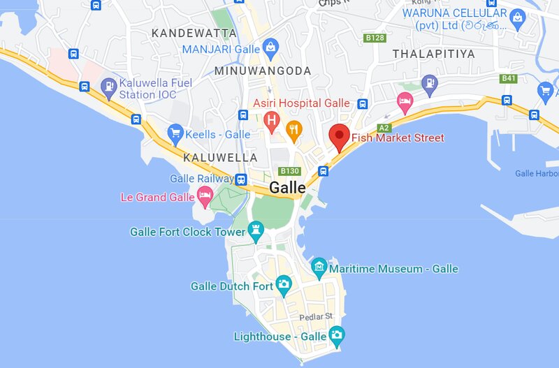 Galle fish market marked on a map