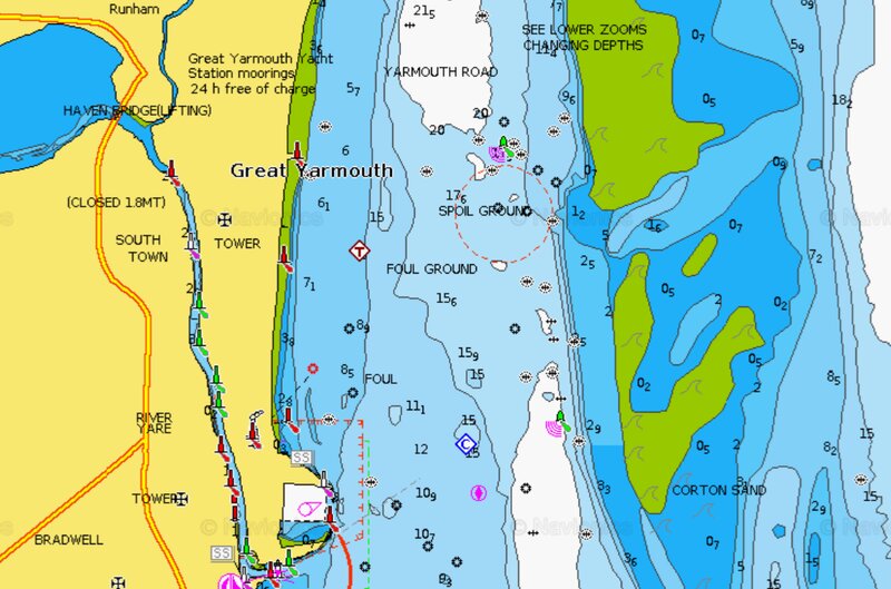 A chart depth map of Great Yarmouth and Gorleston Harbour