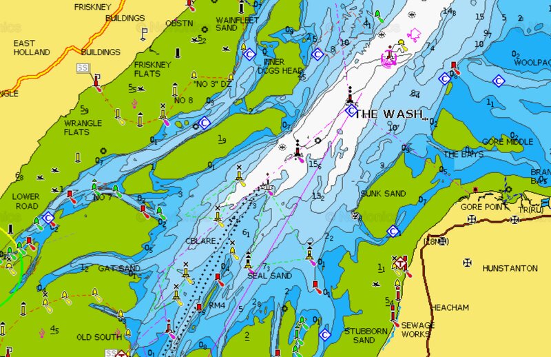 A Navionics map of The Wash to highlight changing depths