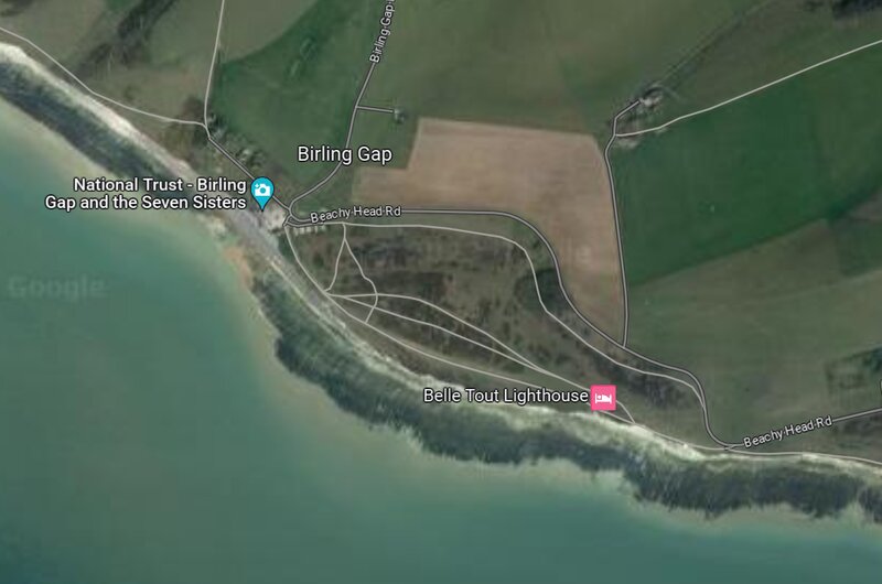 A satellite maps view of the rough ground exposed at low tide around Birling Gap