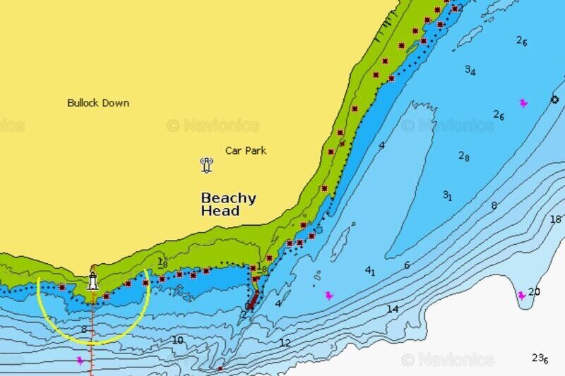 A screenshot of the water depth around a spit at Beachy Head near Holywell from Navionics Web App