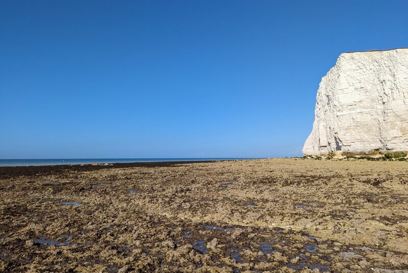 Rough ground and steep white cliffs in the sunshine prevalent across the Sussex coast