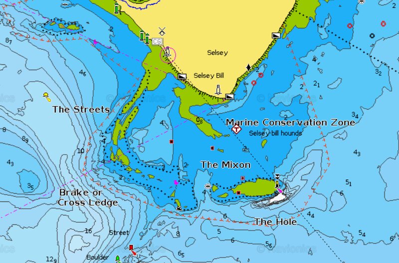 A  Navionics chart depth map of the Selsey beaches highlighting varying depths and features