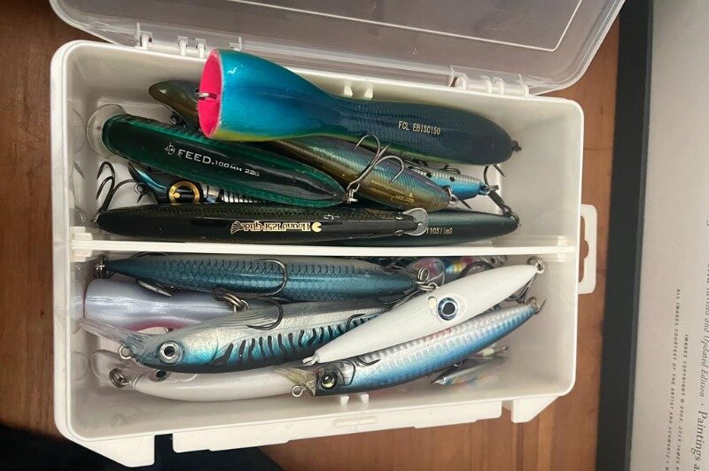 A selection of sea fishing surface lures in a box