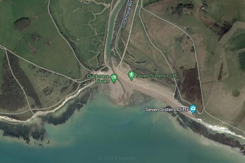 Satellite view in Google Maps of Seaford and the Seven Sisters by Cuckmere River