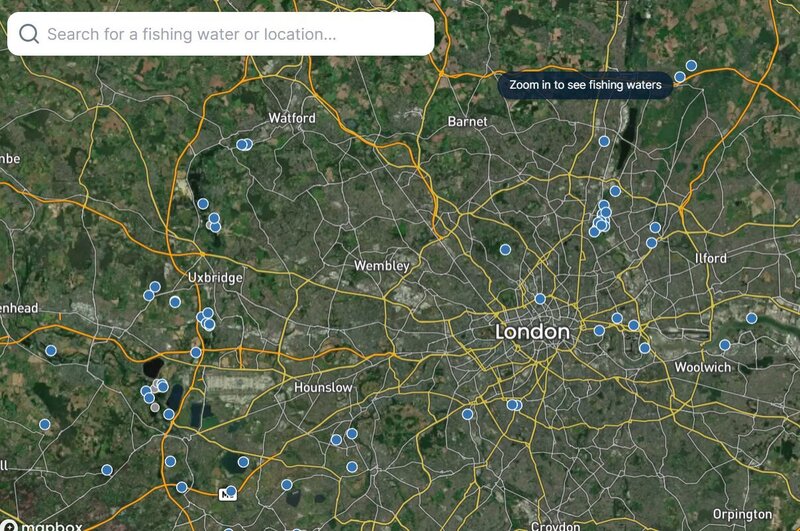 A map of London in Fishbrain highlighting fishing spots in the capital