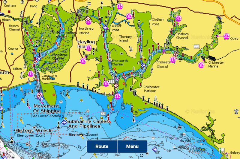 Navionics chart depth view of Chichester Harbour and the surrounding area